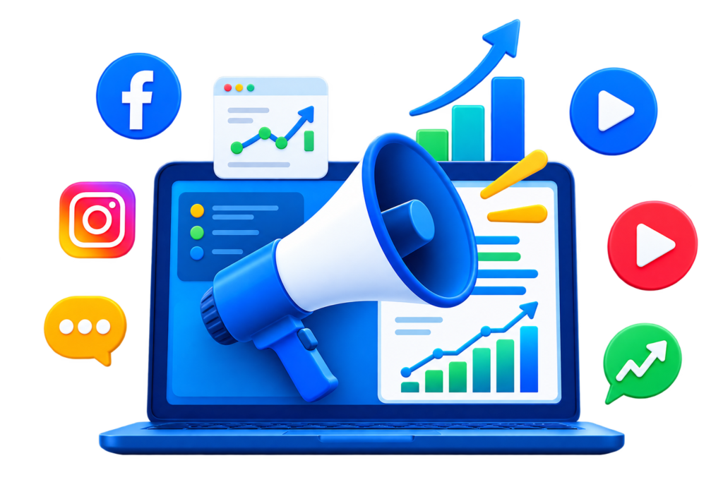 Digital marketing illustration with analytics and megaphone